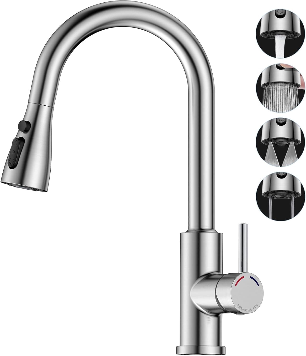 SREWOHS PRO Torneira de cozinha lava-louça removível com 4 padrões de pulverização, 1 orifício torneira de aço inoxidável giratória de 360° comercial torneira de cabeça única (M Size (38,5 cm High) -