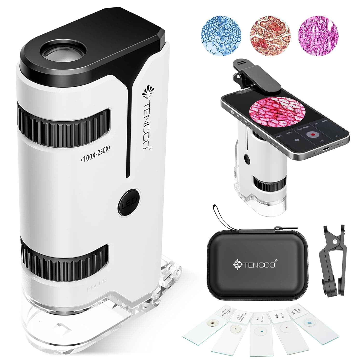 100 x - 250 x mini microscópio de bolso para crianças adultos, microscópio de mão profissional com 5 suportes de objetos, adaptador de telefone, kit de computador portátil mini para crianças adultos
