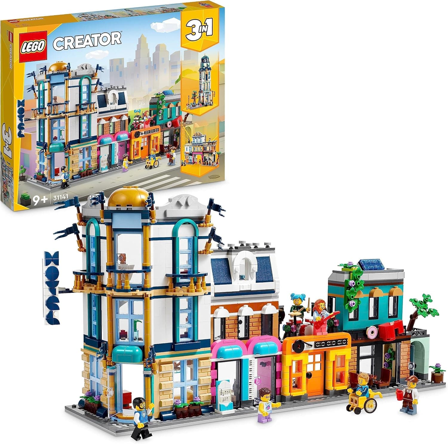 LEGO Creator 3 em 1 rua principal, arranha-céus Art Deco e mercado, brinquedo de construção com casacos de hotel, cafetaria, apartamentos e lojas, kit de construção de casacos criativos 31141