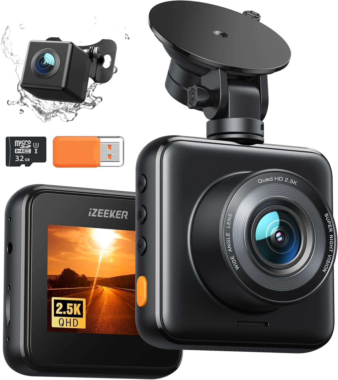 iZEEKER 2,5 K Dashcam, Duplo Dash CAM carro com cartão 32 GB SD, 1440 P mini câmara gravador de carro, câmara de carro frontal e traseira, 170 ° grande angular, G-Sensor, visão noturna, WDR