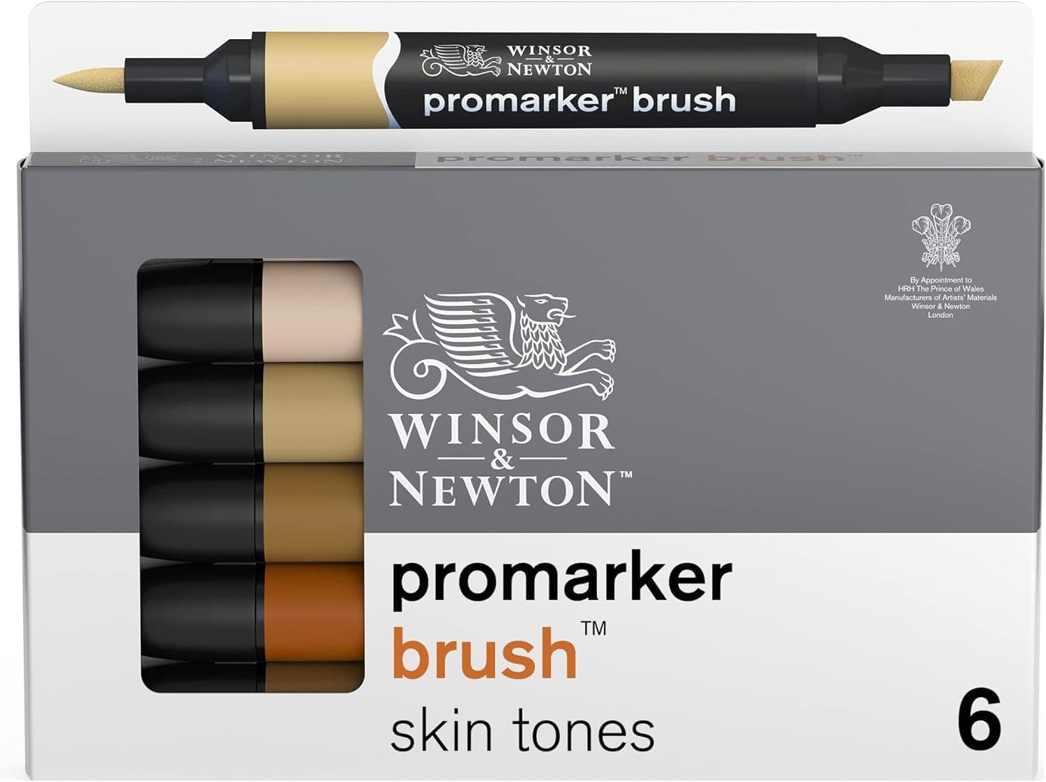Winsor & Newton Promarker Brush Conjunto de 6 marcadores de ponta dupla, ponta de pincel, tinta base de álcool, tons de pele
