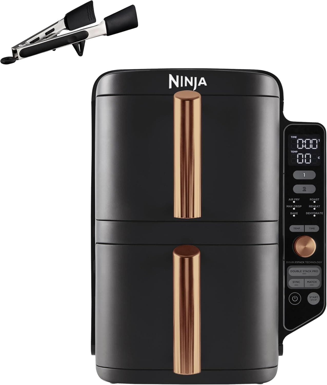 Ninja Double Stack XL fritadeira de ar, 9,5 l, gaveta vertical dupla, 4 níveis de cozedura, 2 gavetas e 2 grelhas, design para economizar mais espaço, 6 funções de cozedura, 8 porções, preto/cobre