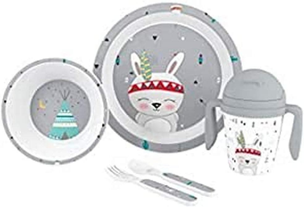 Conjunto de louça para bebé Interbaby | Conjunto de louça infantil 5 peças prato raso, Bo, colher, garfo e copo anti-gotejamento, adequado para micro-ondas e máquina de lavar louça, maiores de 6 meses