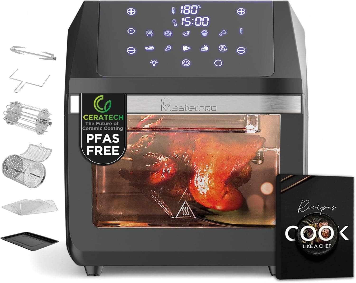 MasterPro ROCKET 1100 Frigideira de ar quente 11 l sem PFAS e mini forno 1800 W com revestimento cerâmico CERATech - 10 programas e controlo de temperatura - com cesta giratória, grelha, desidratador