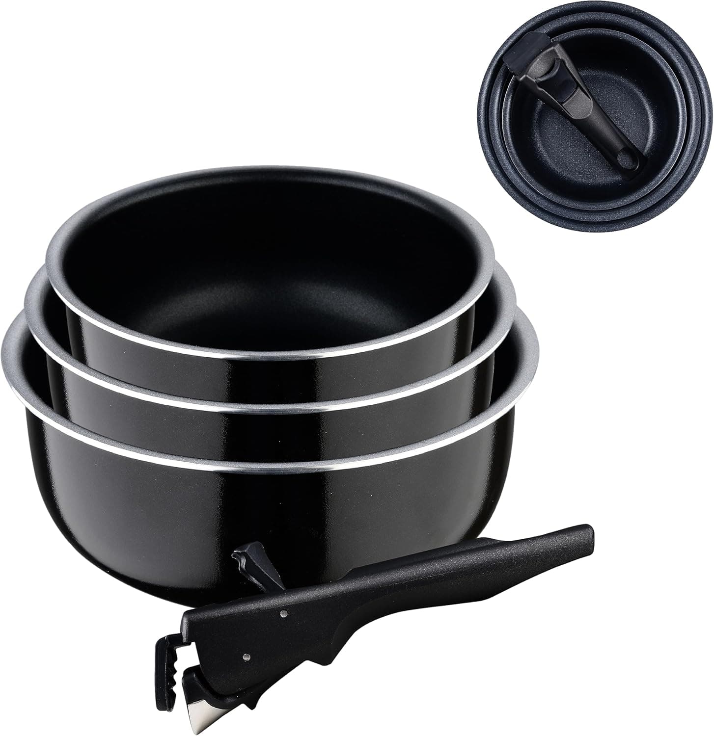 BERGNER Click&Cook Black Edition Conjunto de 3 caixas de cozinha de 16, 18 e 20 cm cabo ergonómico removível, alumínio prensado e anti-aderente, todos os tipos de cozinha e forno