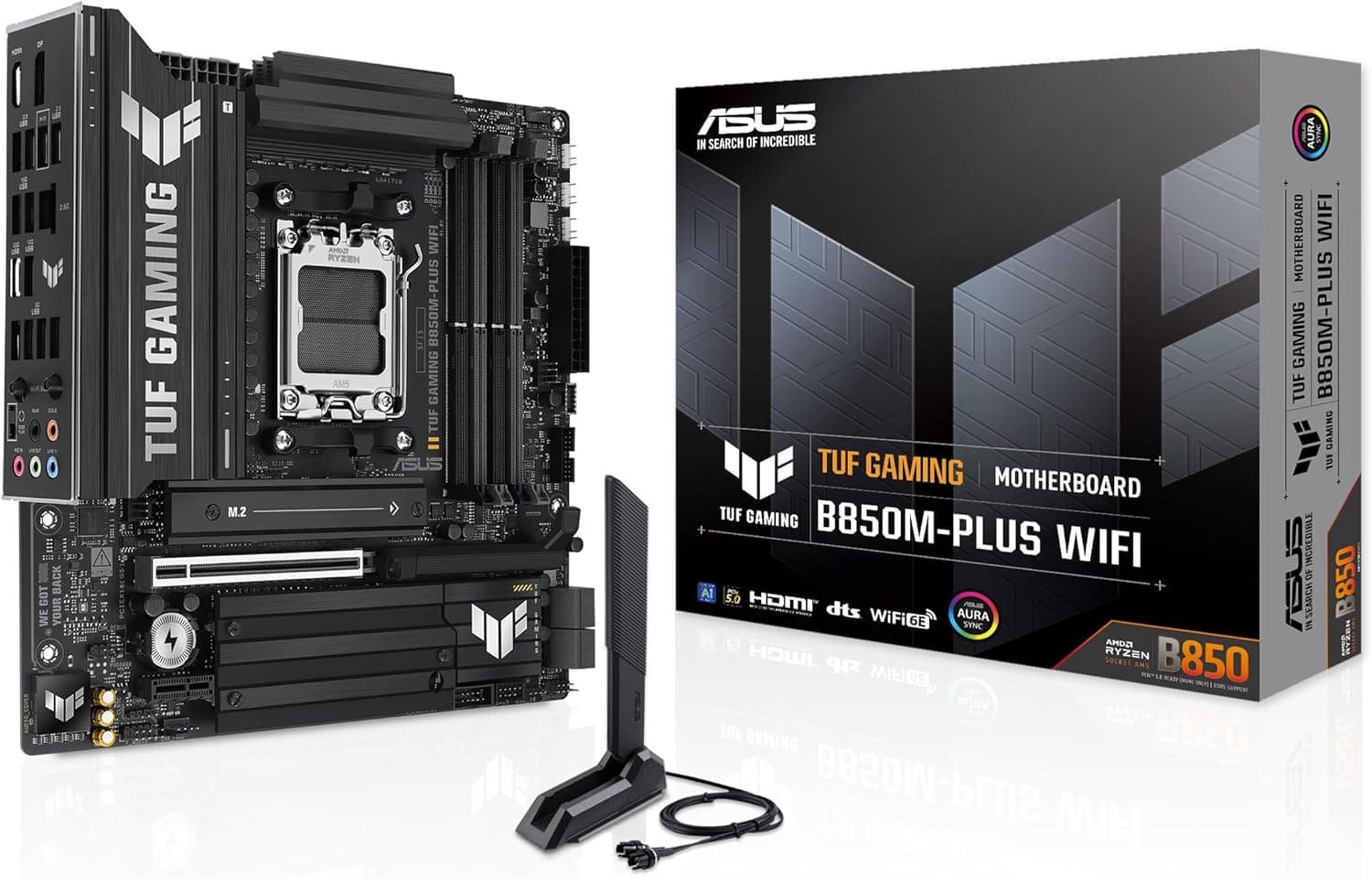 ASUS TUF Gaming B850M-PLUS WiFi Placa de base AMD mATX, 14 + 2 + 1 etapas de alimentação DrMOS 80A, DDR5, PCIe 5.0, 3 ranhuras M.2, WiFi 6E, Realtek 2,5 Gb Ethernet, DisplayPort, HDMI, Aura Syn, Aura