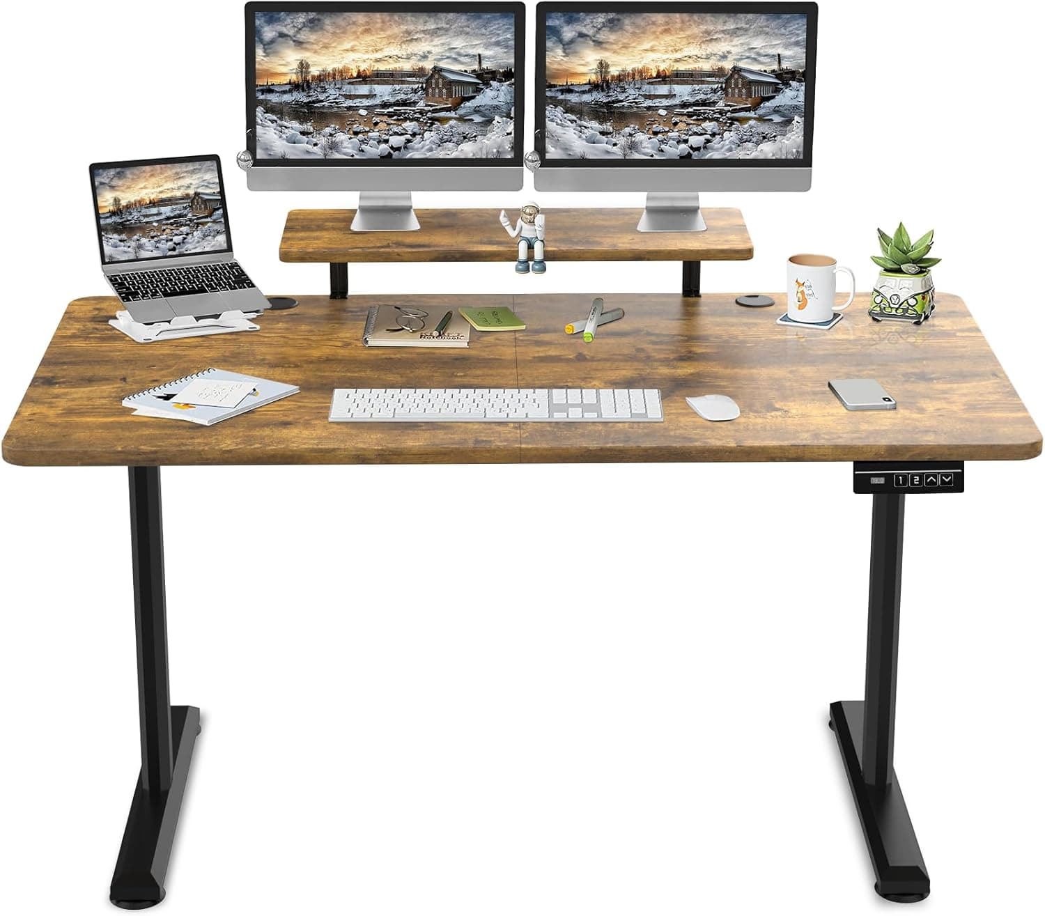 TRIUMPHKEY 160 x 70 cm mesa de escritório ajustável em altura com prateleiras para monitor