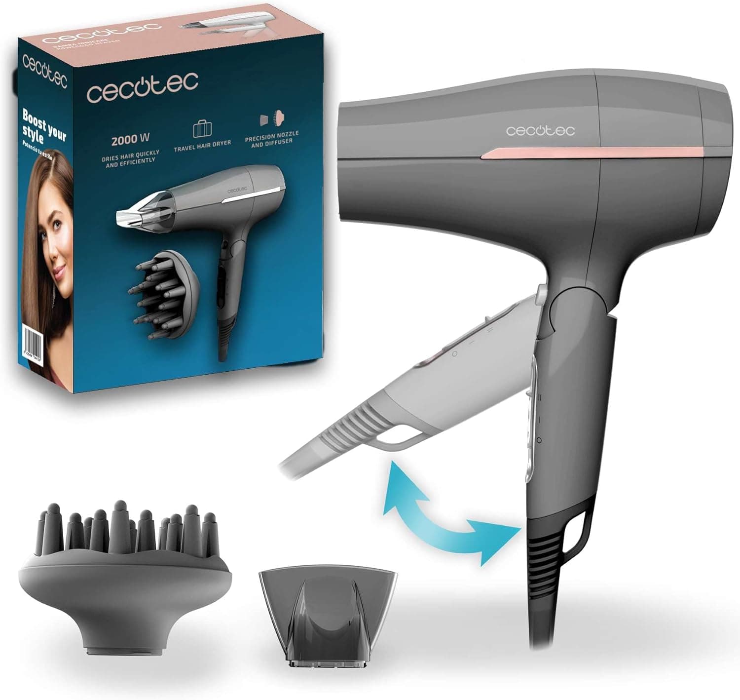 Cecotec Secador de cabelo de viagem IoniCare Power&Go Heaven Grey. 2000 W, 2 temperaturas, 2 velocidades, função de ar frio, concentrador e difusor para pendurar