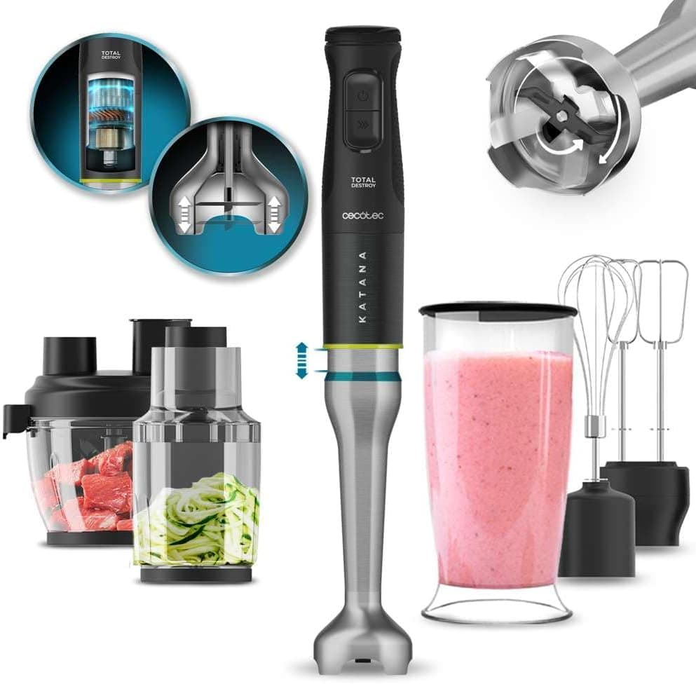 Cecotec Liquidificadora de mão Katana 15 TotalDestroy Full B. 1500 W, sistema de lâminas duplas, 21 velocidades e turbo, 4 folhas com titânio preto, sino anti-salpicos, copo 800 ml