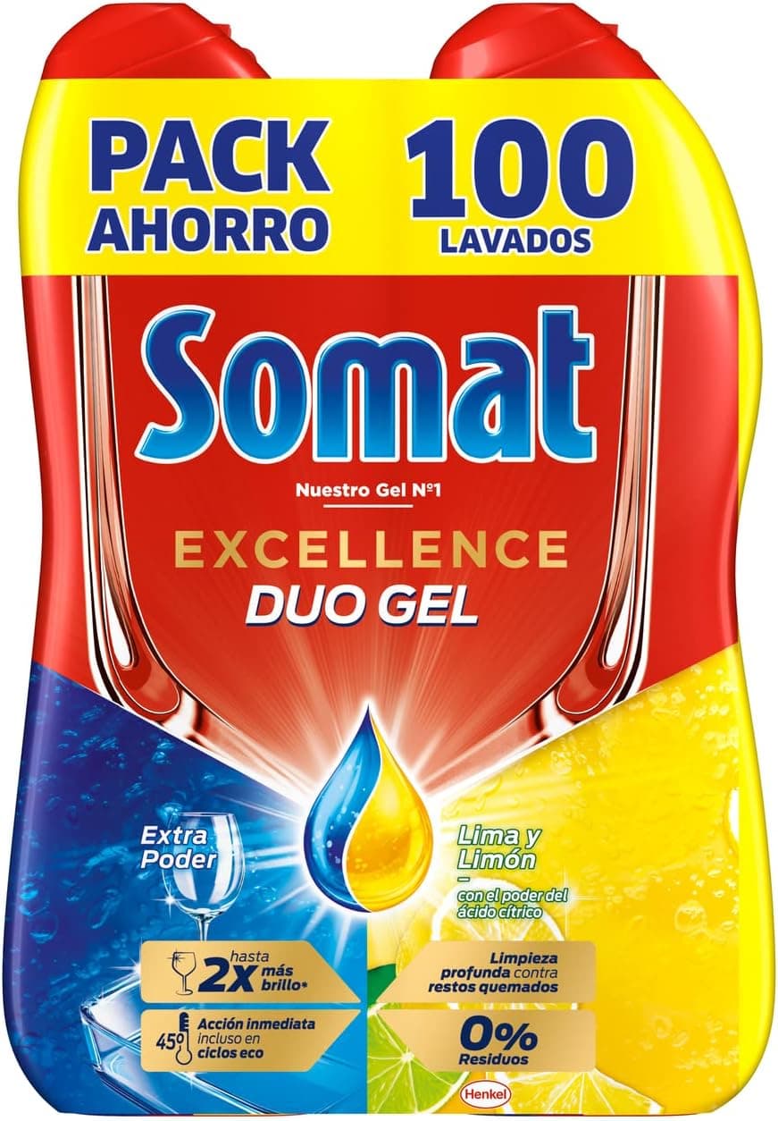 Somat Excellence Gel Lima e Limão | Detergente líquido para máquina de lavar loiça desengordurante 100 lavagens