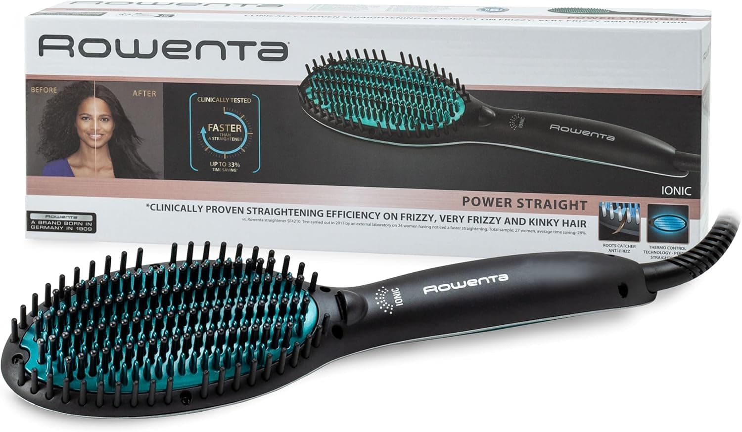 Rowenta Escova de alisamento Power Straight CF5820F0 - Escova especial para cabelos muito encaracolados, com gerador de iões e temperatura regulável até 200º, palhetas de grande fixação desde a raiz