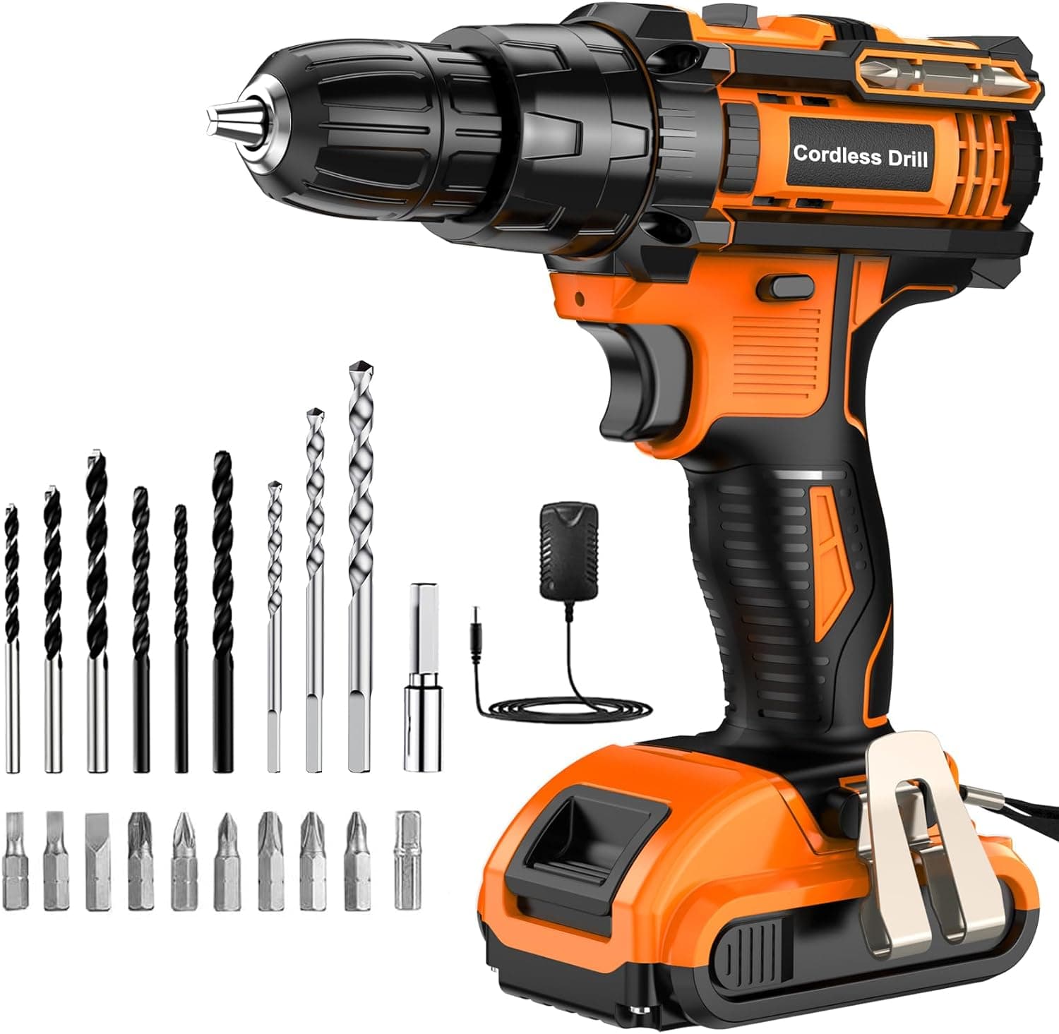 DYJPOW Berbequim Percutor a Bateria 21 V | Ferramenta 3 em 1 com torque de 42 Nm, 2 velocidades, 22 acessórios e bateria de 2,0 Ah para perfuração, aparafusamento e trabalho com percussão