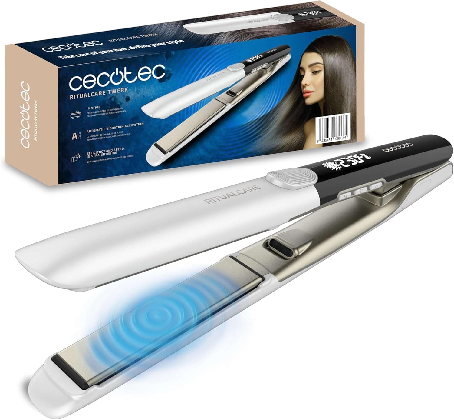 Cecotec Ferro de cabelo profissional com cabo Ritualcare Twerk. 65 W, Tecnologia de placas vibrantes, temperatura ajustável, placas de queratina, cabo de 360º, ecrã LED, bloqueio de placas