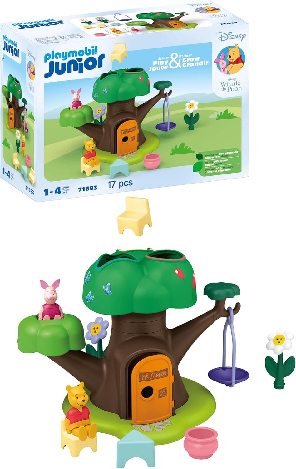 PLAYMOBIL Junior & Disney 71693 Winnie-Pooh & Piglet casa na árvore, inclui balanço, brinquedo sustentável feito de plásticos à base de plantas, brinquedos para meninos e meninas a partir de 1 ano