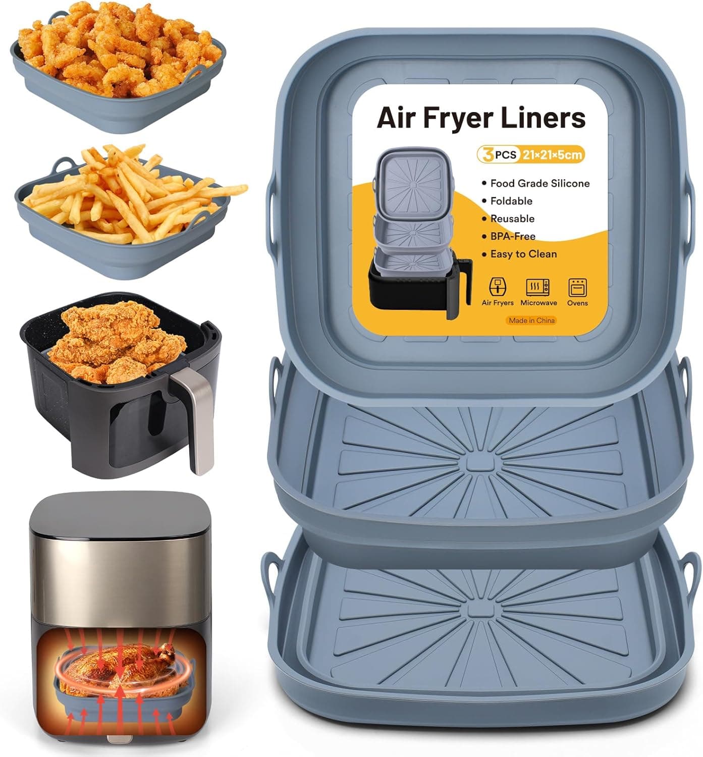 Alyvisun Molde de silicone fritadeira de ar, 3 peças bandeja moldes para ar Fryer reutilizável recipientes quadrado cesta utensílios acessórios para fritadeira sem óleo, micro-ondas, forno (cinzento)