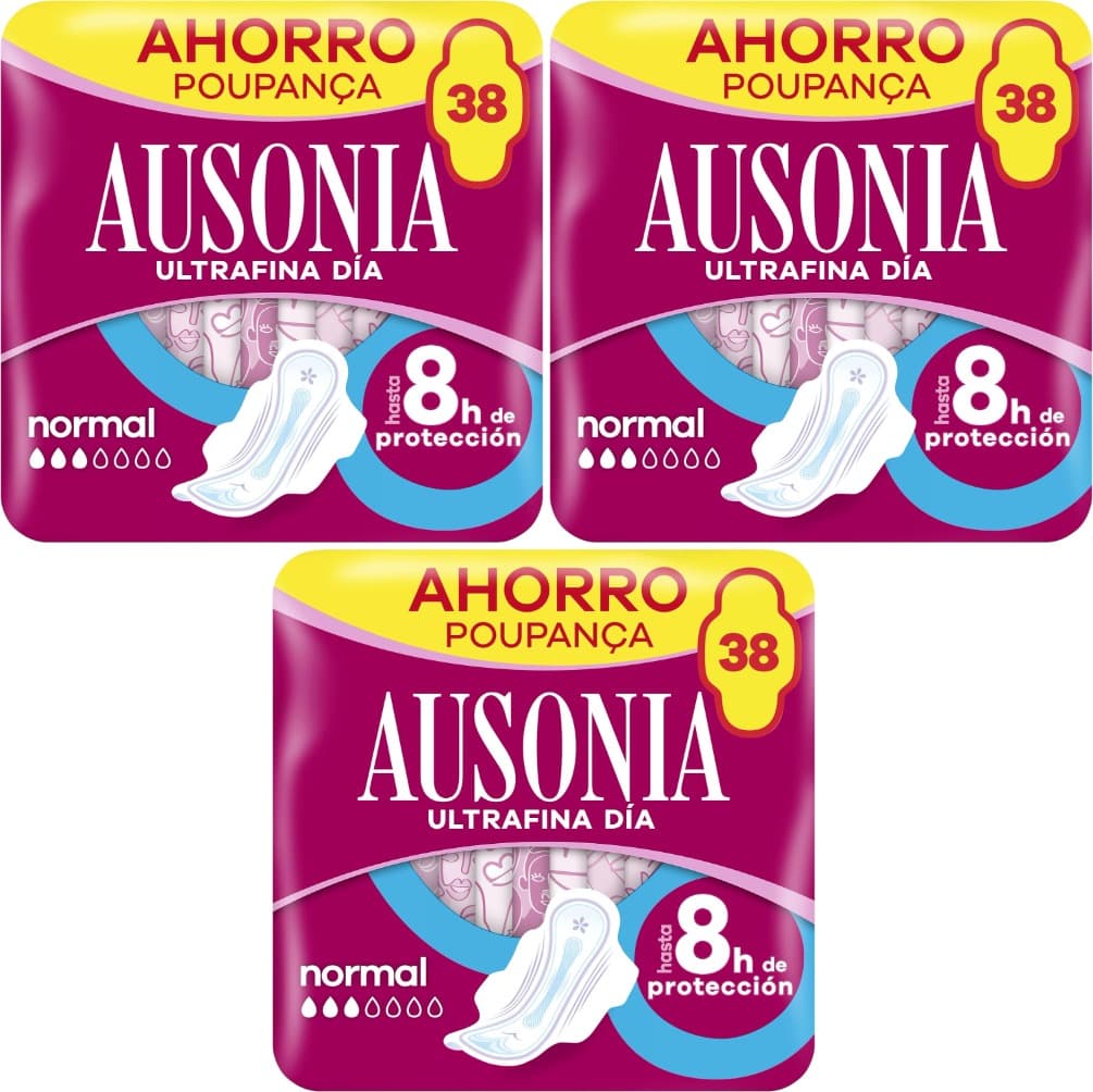Ausonia Ultra Thin Normal | Pensos higiénicos finos com abas para fluxo leve a normal, proteção até 8 horas, pack de 38 unidades