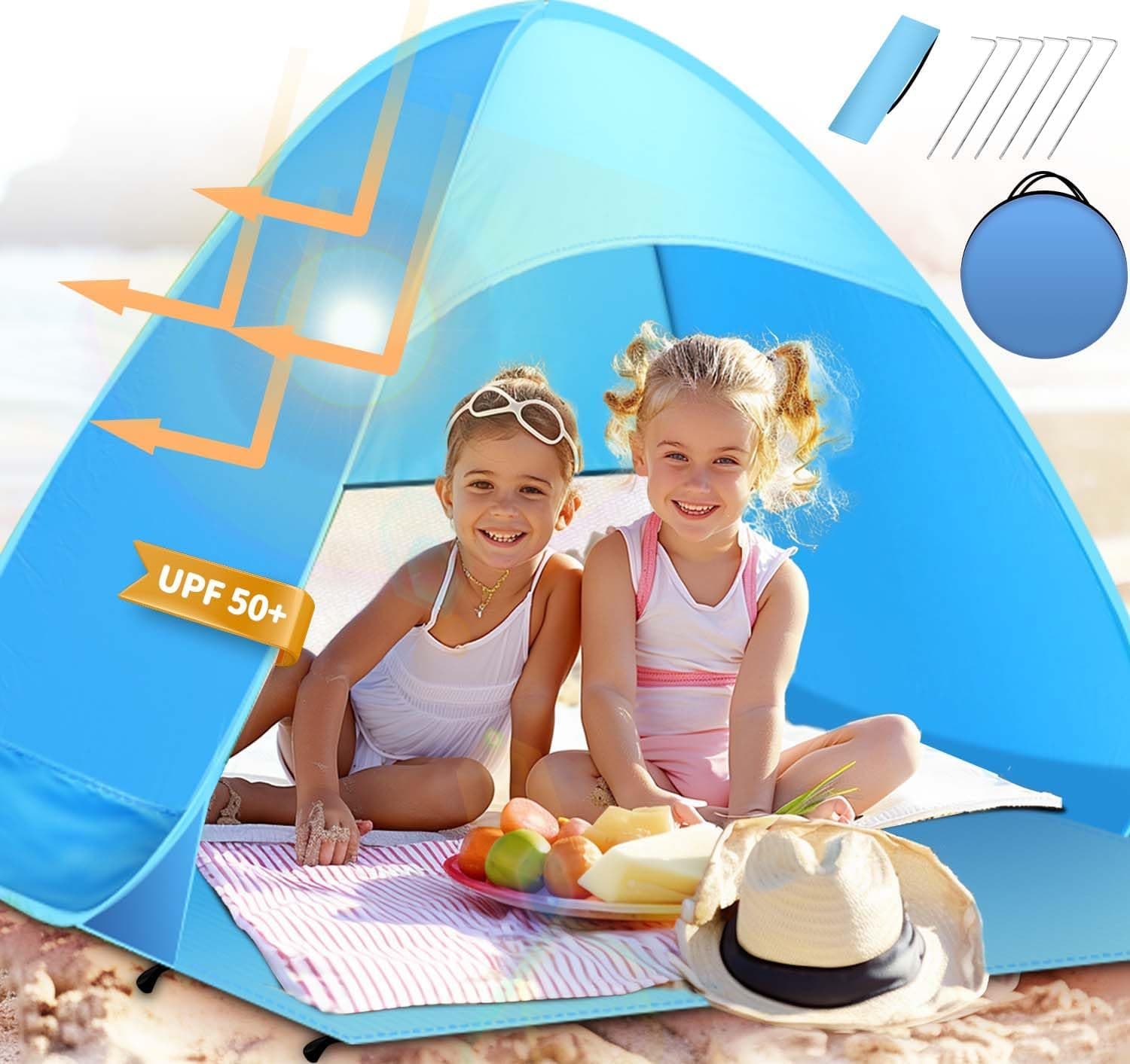 TUSVMGE Tenda de praia para 2 - 3 pessoas, tenda de campismo praia anti-UV proteção solar UV 50 + com bolsa de transporte para jardim, campismo, viagens, pesca, piquenique e desportos ao ar livre