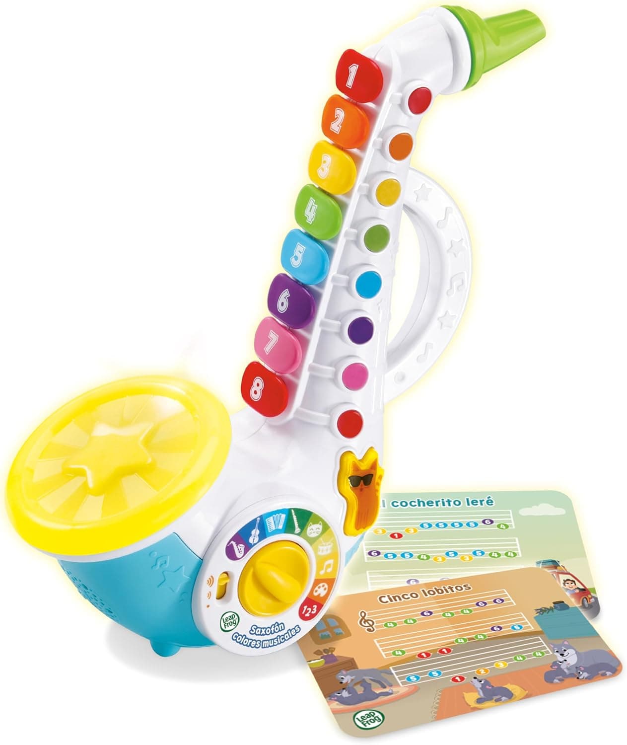 Leapfrog VTech Saxofone cores musicais, instrumento musical infantil, saxofone interativo com partituras de 4 músicas, brinquedo musical, presente para crianças + 18 meses, versão ESP