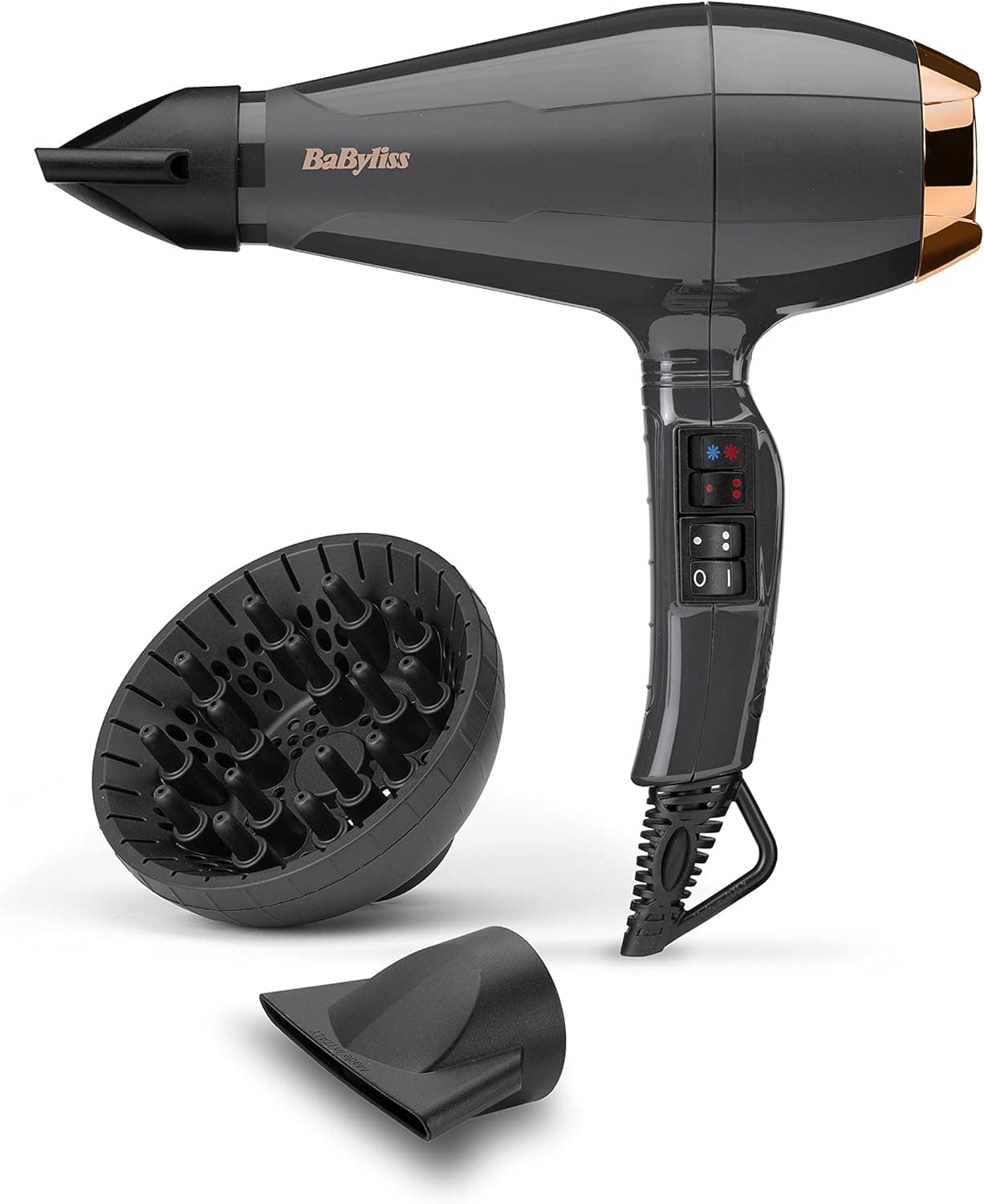 BaByliss 6719DE Italian Air Pro Secador de cabelo iónico, 2 bicos e difusor de ar, ar frio bloqueável, cinzento antracite, 2200 W