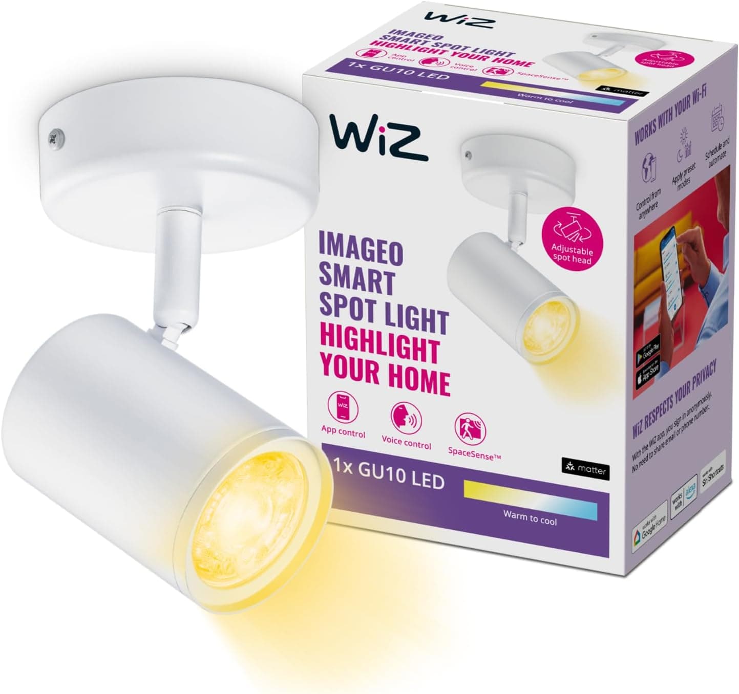 WiZ – Candeeiro inteligente de imagem, holofote LED inteligente, luz branca quente a frio, com tecnologia SpaceSense e compatível com Alexa e Google Home, cor branca