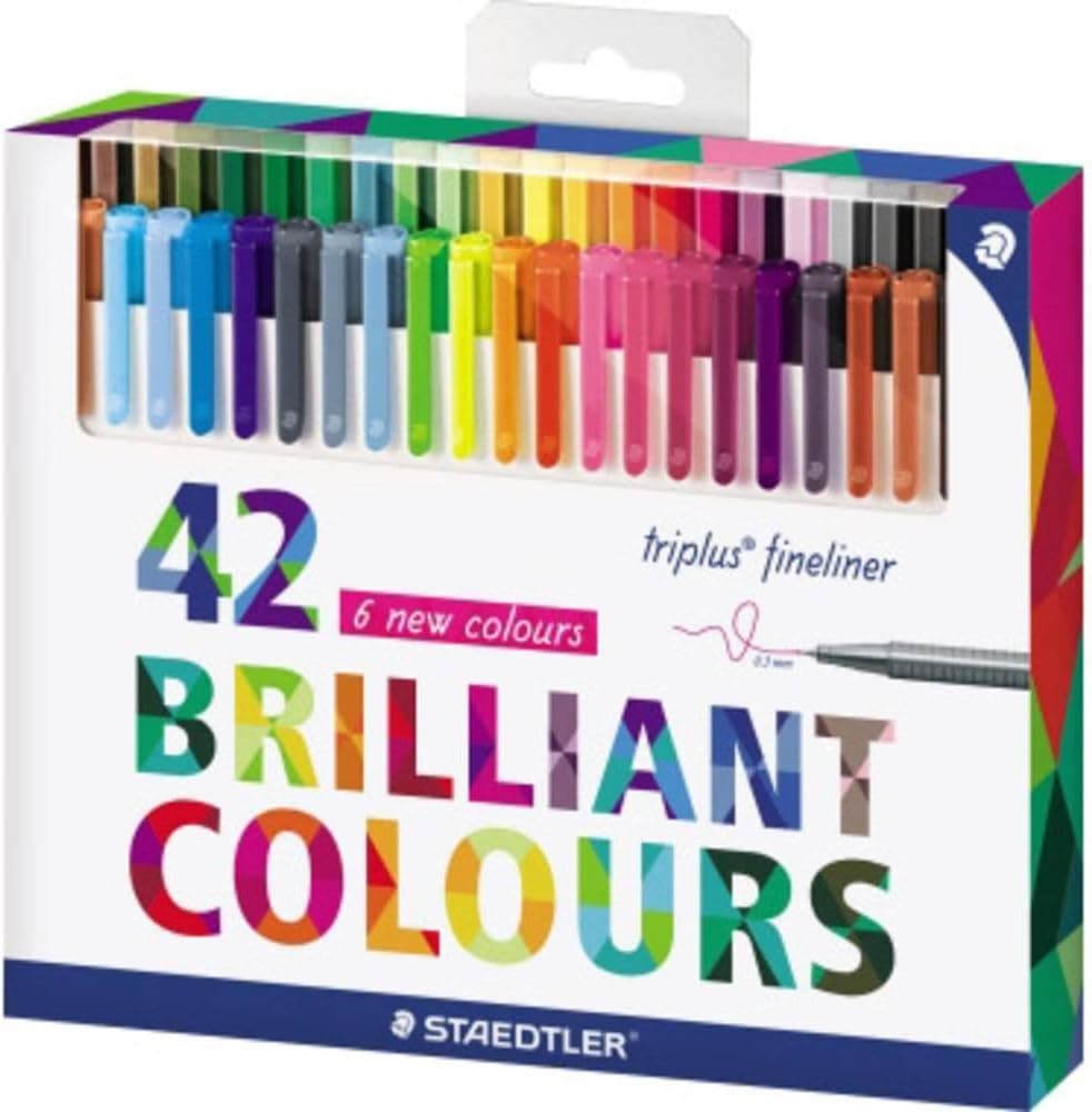 STAEDTLER 334 C42 Marcadores de cores brilhantes de ponta fina multicolor Triplus Fineliner, ponta revestida de metal, ergonómico, lavável, conjunto de 42 marcadores