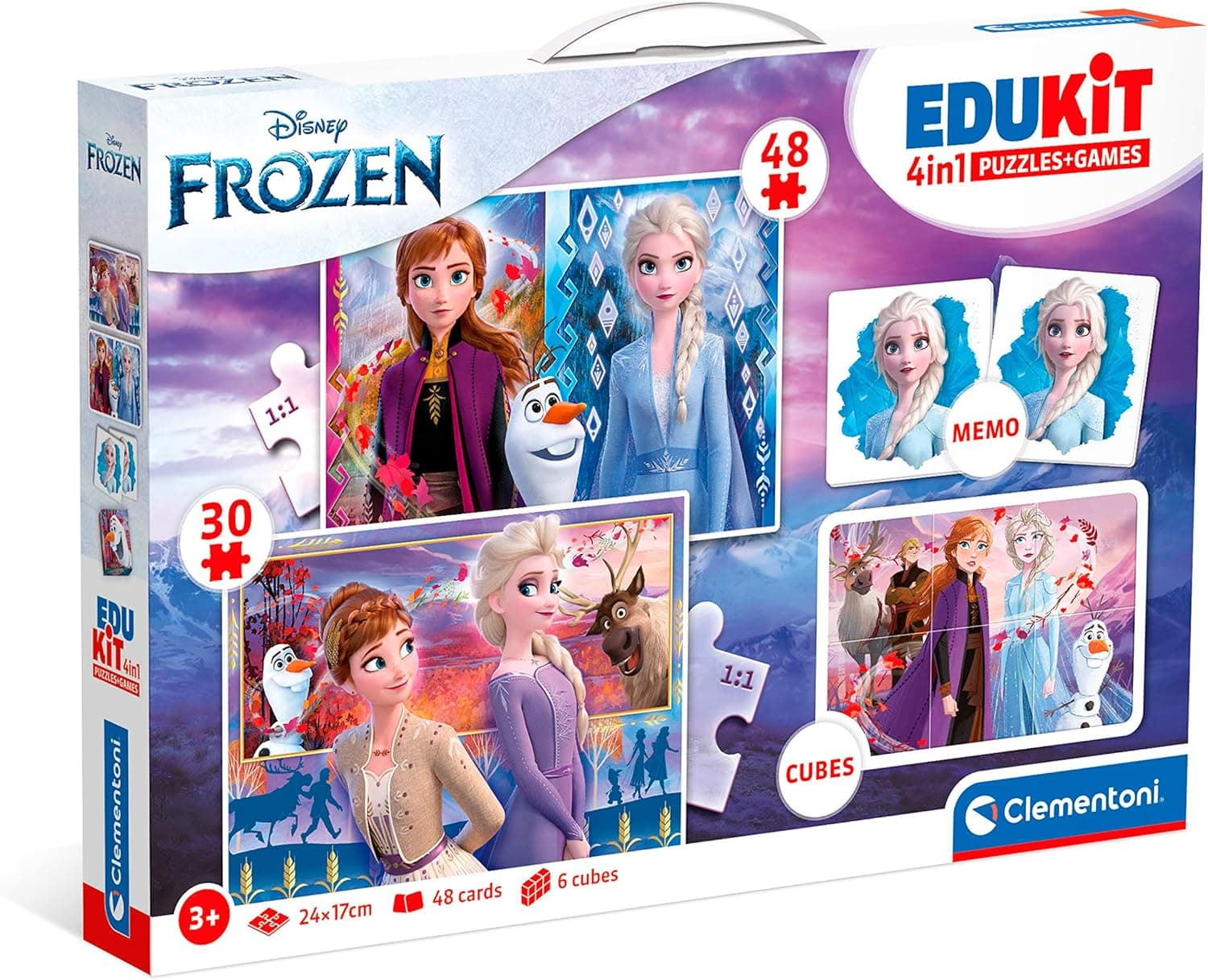 Clementoni - Edukit 4 em 1 Frozen - um jogo educativo que inclui um puzzle de 30 peças, um puzzle de 48 peças, conjunto de memória e 6 cubos dos seus personagens favoritos, brinquedo crianças 3 Idade