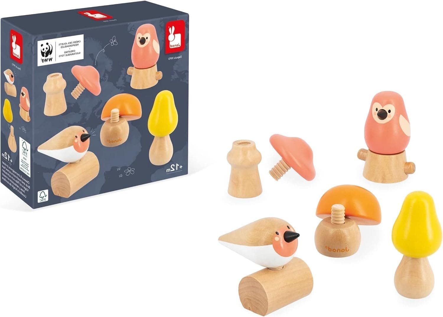 Janod 2 Pájaros e 3 Cogumelos | Jogo de enroscar em madeira FSC para crianças a partir dos 18 meses