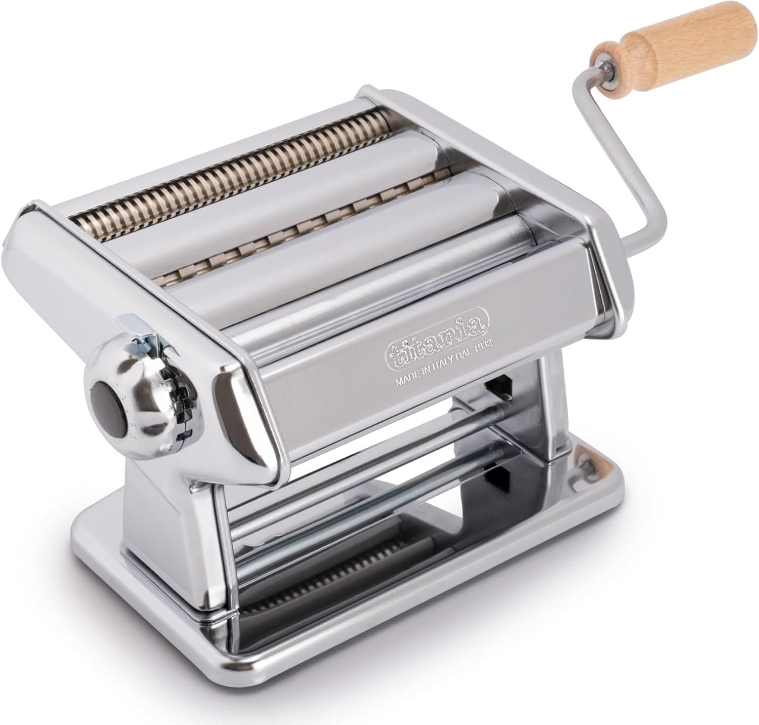 Imperia Titânia. Máquina de fazer massas. Feito na Itália. Máquina para massa fresca de aço. Laminadora manual com manivela. Crie uma folha para lasanha, tagliolini, fettuccine