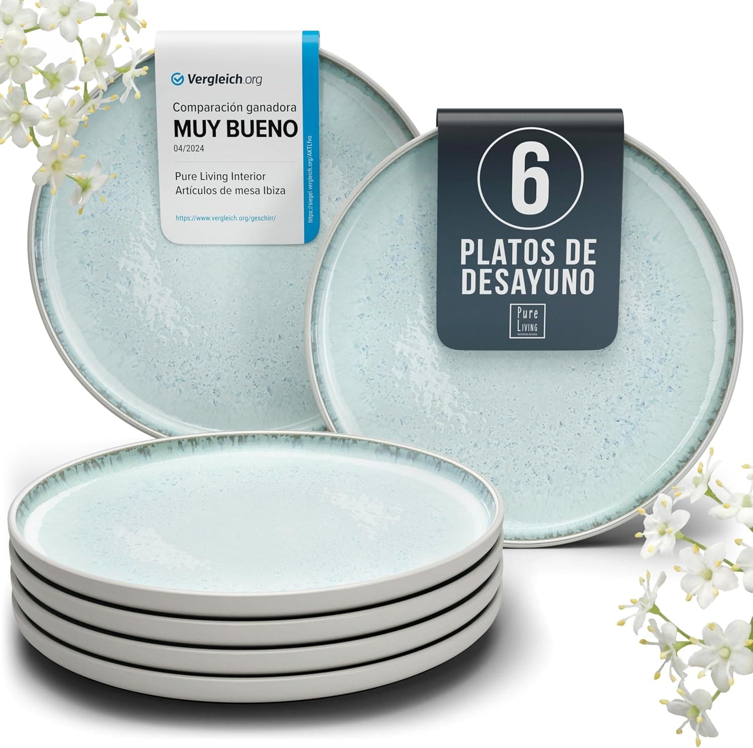 Conjunto de 6 pratos pequenos Ibiza em grés para pequeno-almoço e sobremesa - Louça completa para 6 pessoas com pratos modernos, adequados para máquina de lavar louça e micro-ondas 