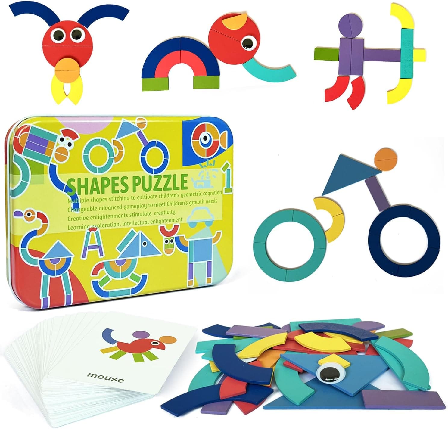 Tangram infantil, puzzle madeira brinquedos Montessori animais quebra-cabeças, jogos educativos cores aprendizagem presentes de aniversário para meninos e meninas (Typ-3)