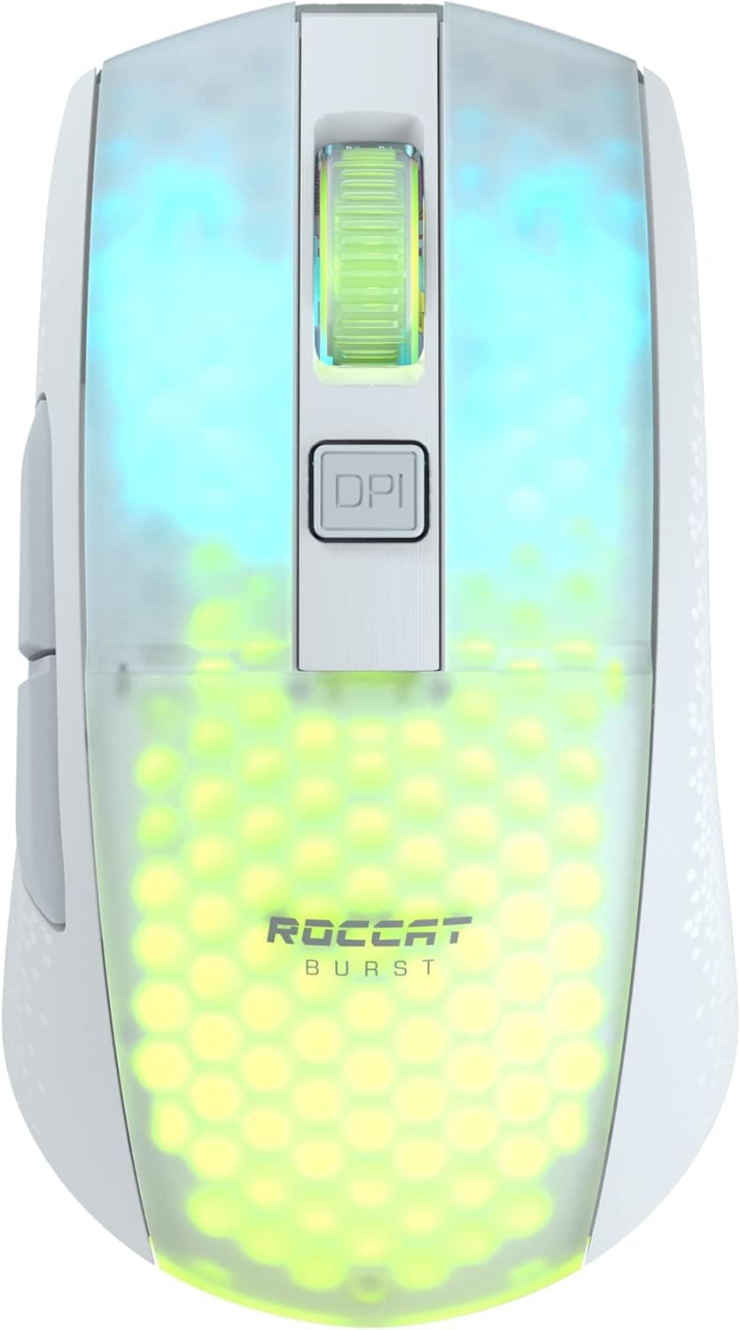**Roccat Burst Pro Air – Rato gaming ótico RGB sem fios, ultraleve (81 g), simétrico, sensor Owl‑Eye 19 000 dpi, botões óticos, roda Titan Wheel – Branco**