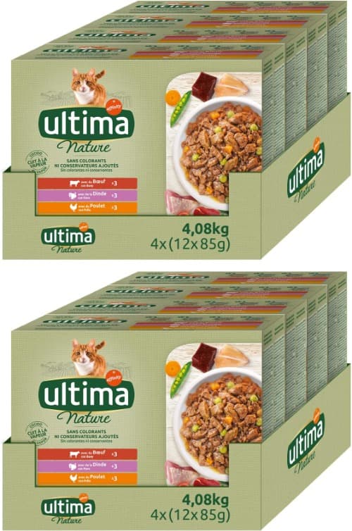 Ultima Nature Comida húmida para gatos com 4 variedades de carne, boi, peru, frango e ave, 85 g x 96