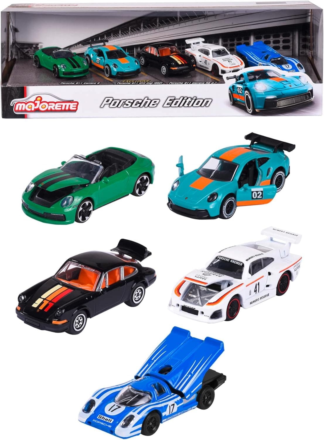 Majorette - Pacote de 5 carros de metal Porsche, escala 1:64, 7,5 cm, partes com abertura, a partir de 3 anos (212052021)