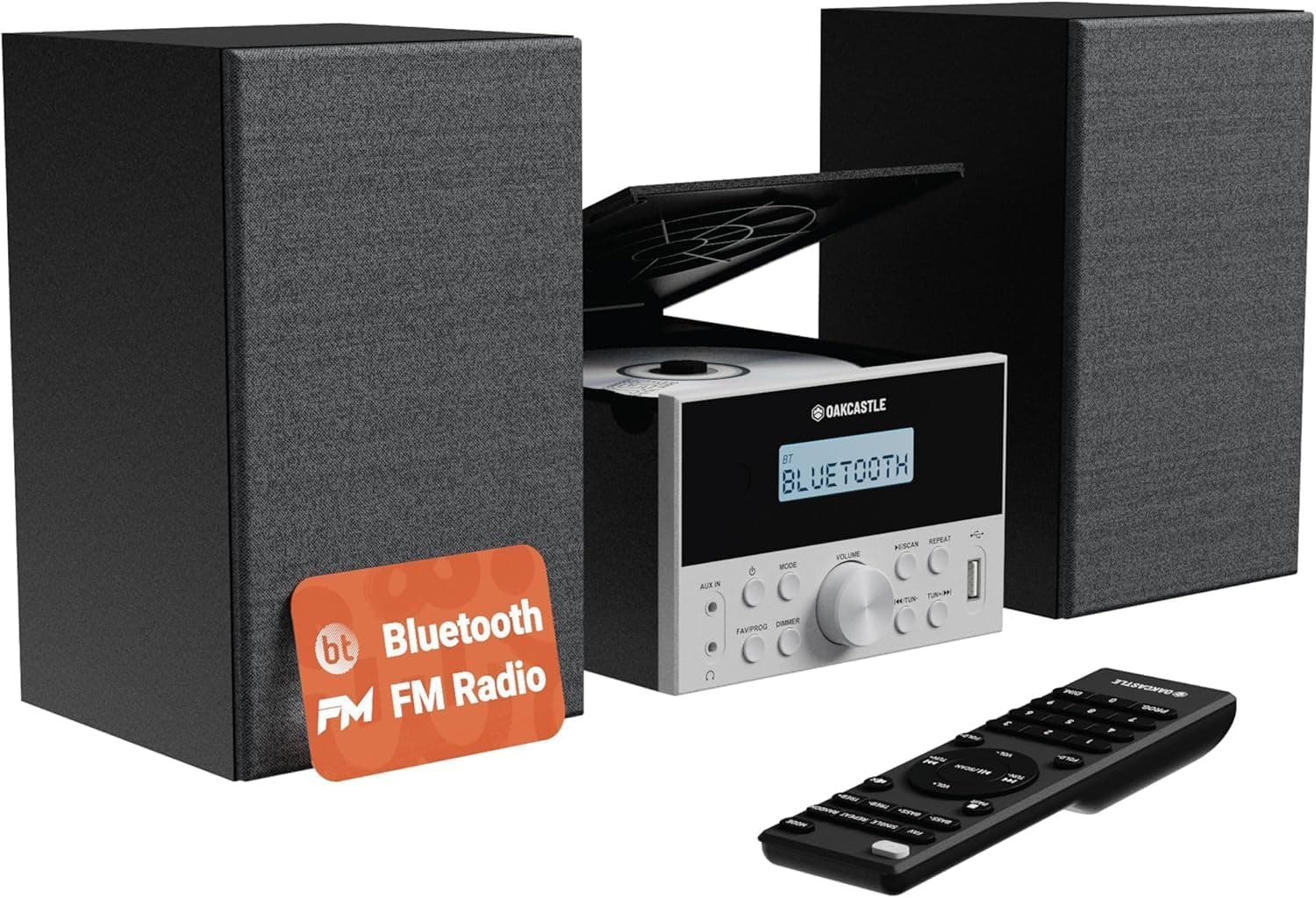 OAKCASTLE HIFI150 - Sistema de música Bluetooth 5.2 com altifalantes DSP, sistema HiFi de 20 W, leitor de CD HiFi com rádio FM, instalações compactas de madeira maciça, USB, AUX, MP3, CD, CD-R