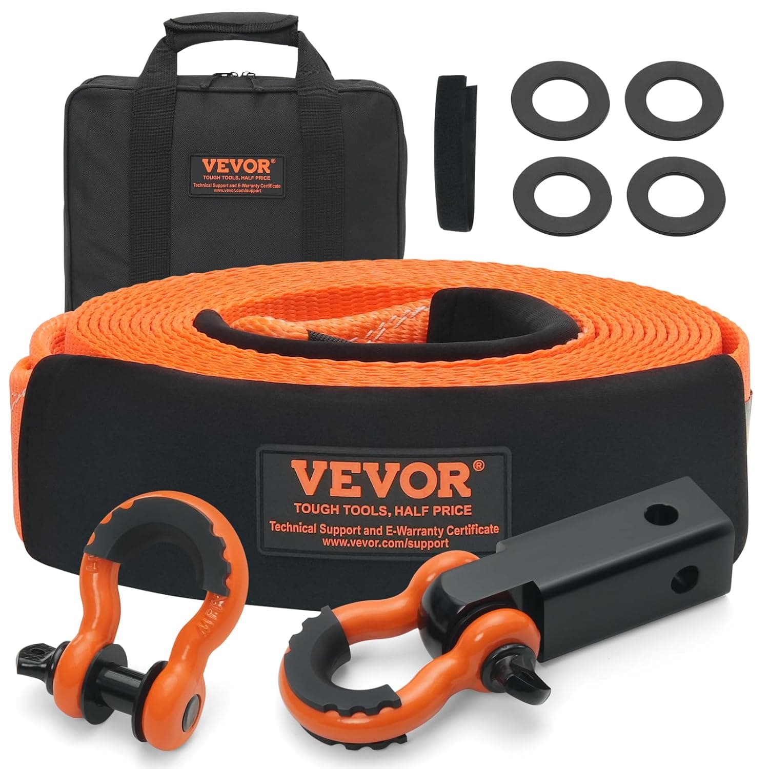 VEVOR - Kit de correia de reboque (poliéster, 76,2 mm x 9,1 m, corda de guincho, 16329 kg, fivela tripla reforçada, correia de arranque, recetor de encaixe de manilha de 50 mm