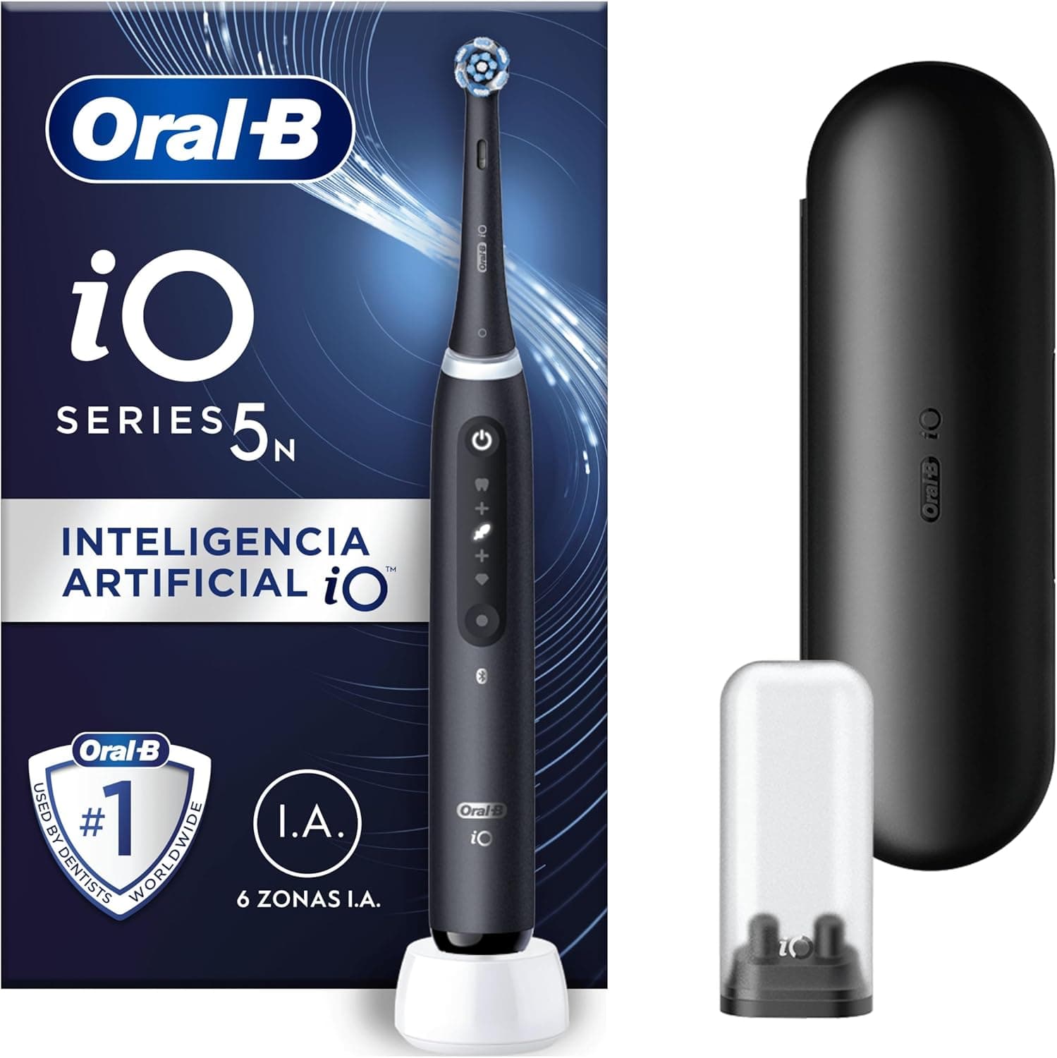 Oral-B iO 5N Escova de dentes elétrica com cabo recarregável, 1 cabeça e estojo de viagem, desenhado por Braun - preto