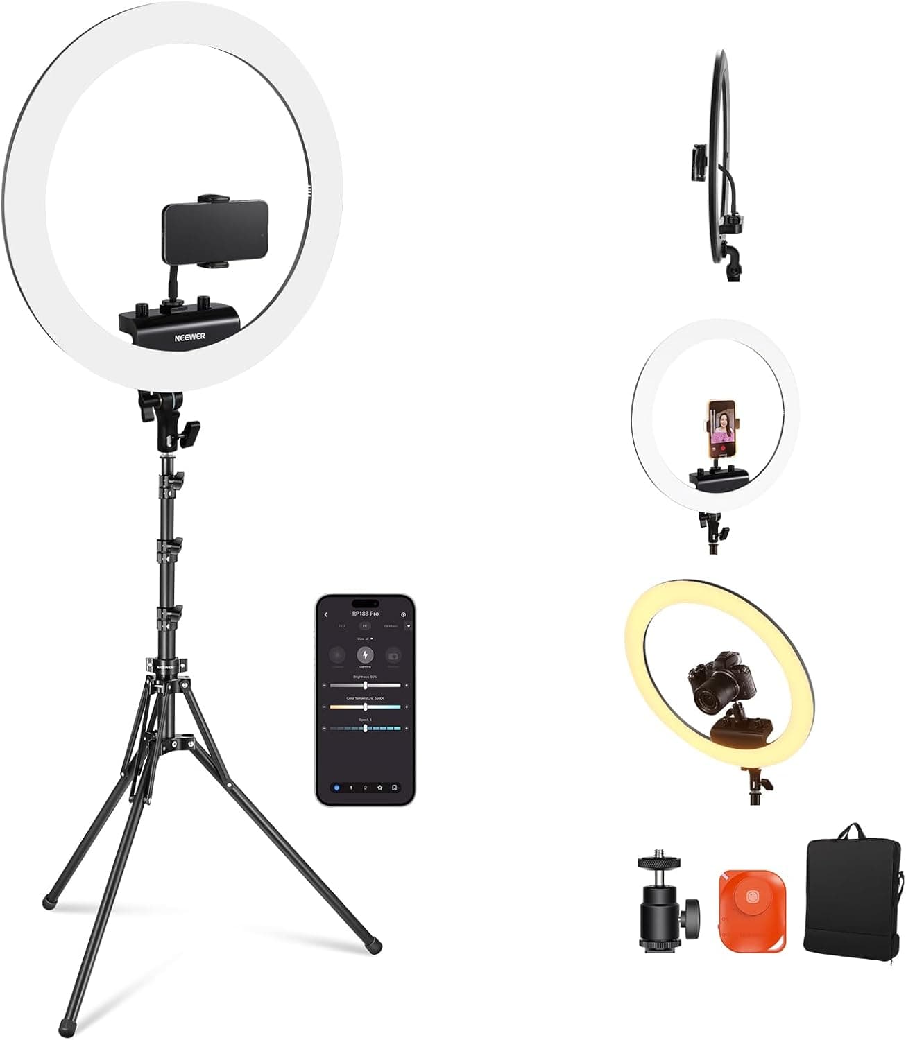 NEEWER Aro luz profissional com suporte e suporte para telemóvel, 18 polegadas ultra-fino, 45 W 2900 K-7000 K TLCI98, obturador remoto e APP controlo, iluminação mais suave para maquilhagem ao vivo