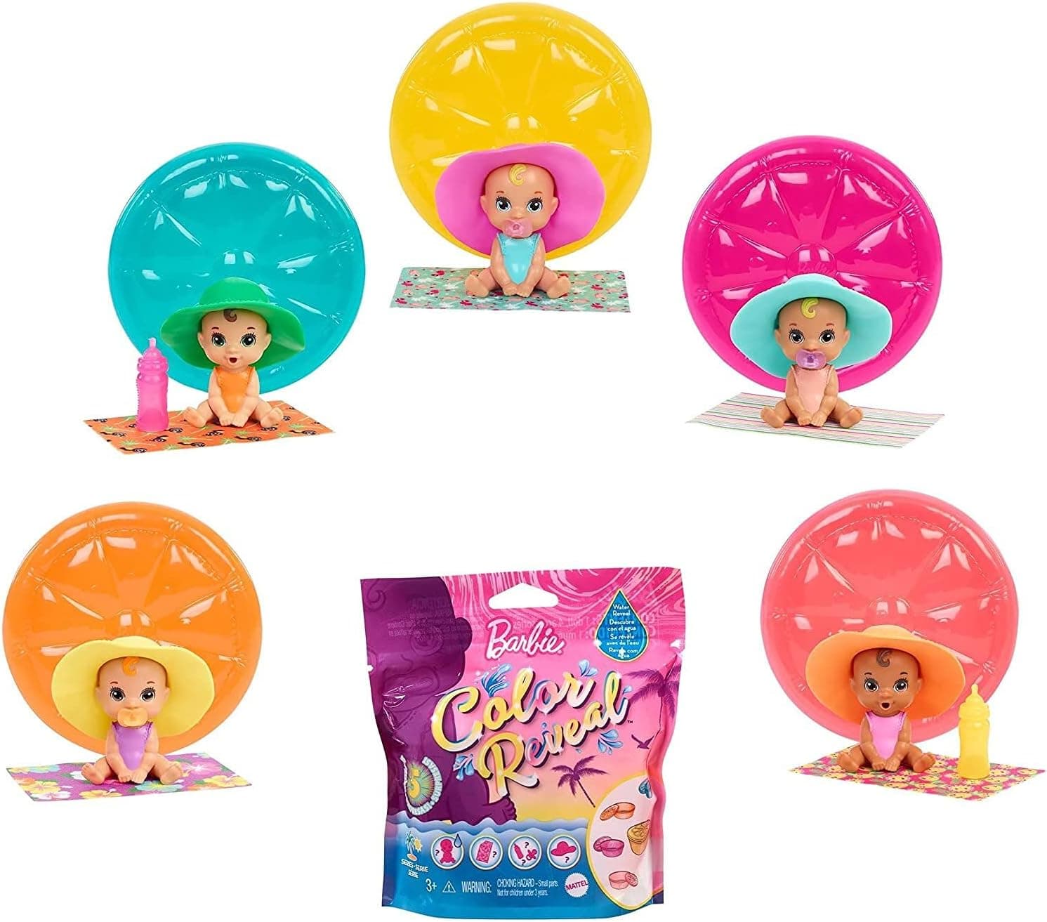 Barbie Bebés cor real areia e sol, boneco surpresa com chapéu e acessórios de brinquedo (Mattel GTT12)
