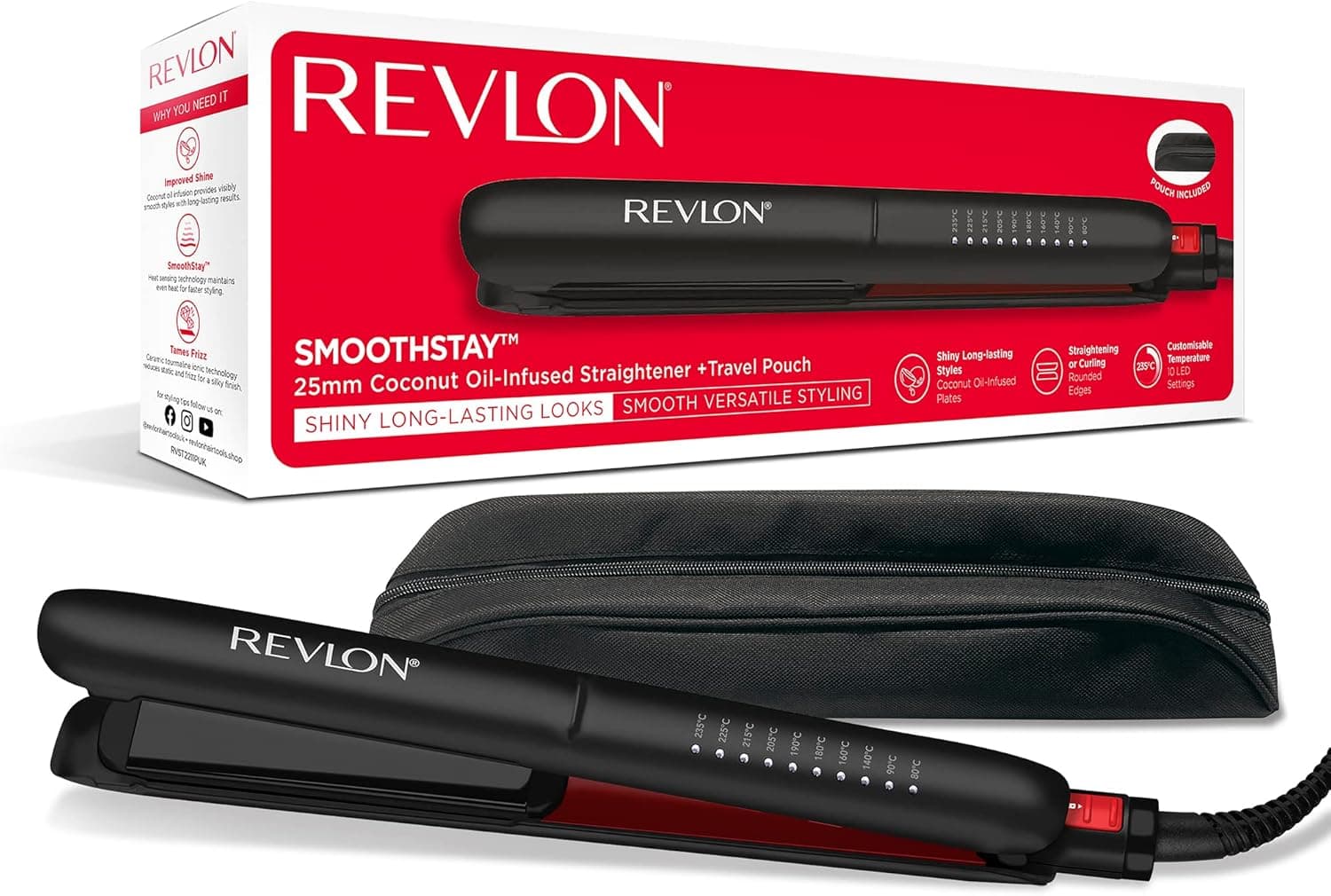 Revlon SmoothStay Alisador de 25 mm com infusão de óleo de coco e bolsa de viagem (placas flutuantes com bordas arredondadas, temperatura ajustável até 235 °C) - RVST2211P