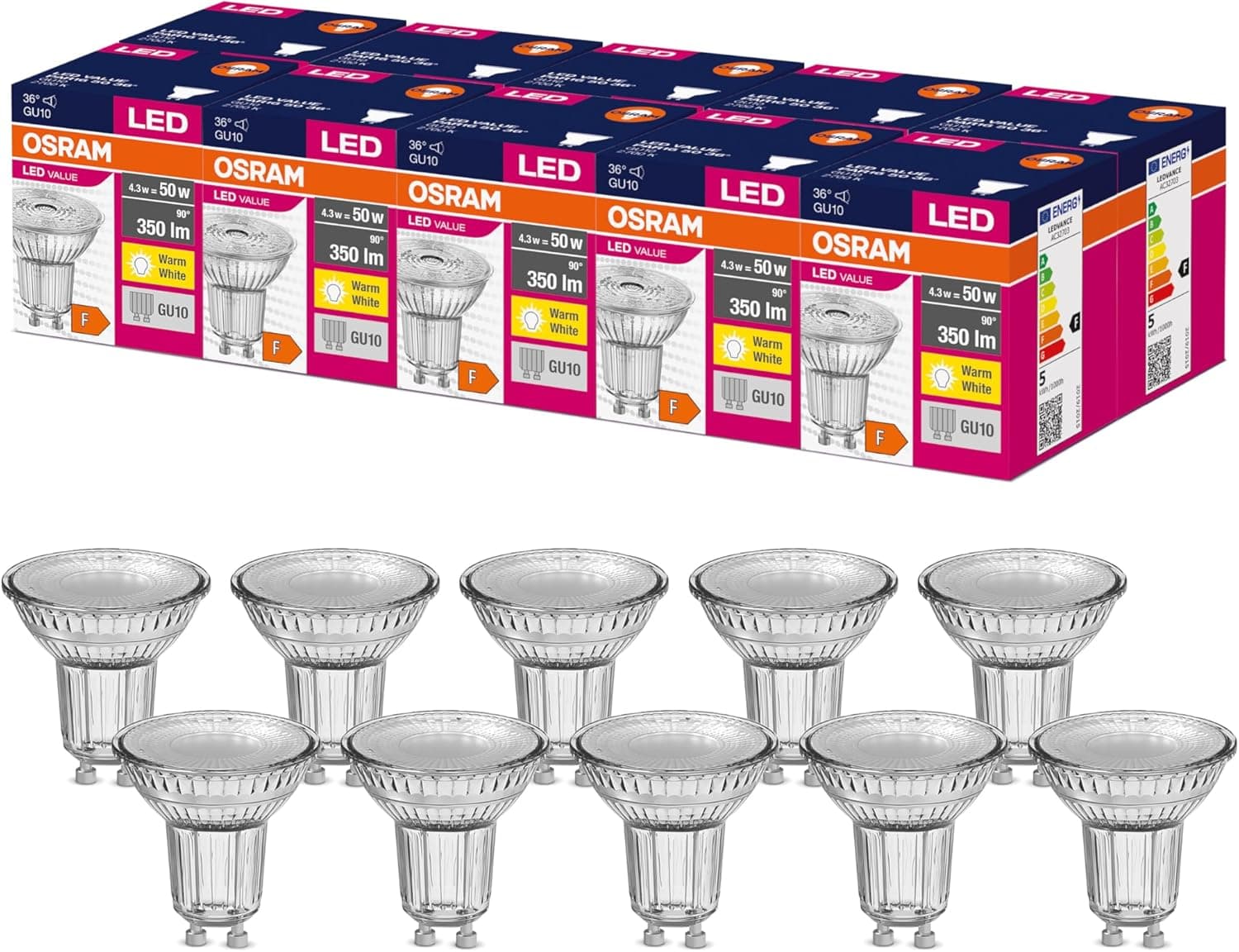 OSRAM Candeeiro refletor LED Star Value PAR16 com ângulo de visão de 36 graus, casquilho GU10, 4,3 watts, branco quente (2700 K), substitui focos convencionais de 50 watts, embalagem de 10
