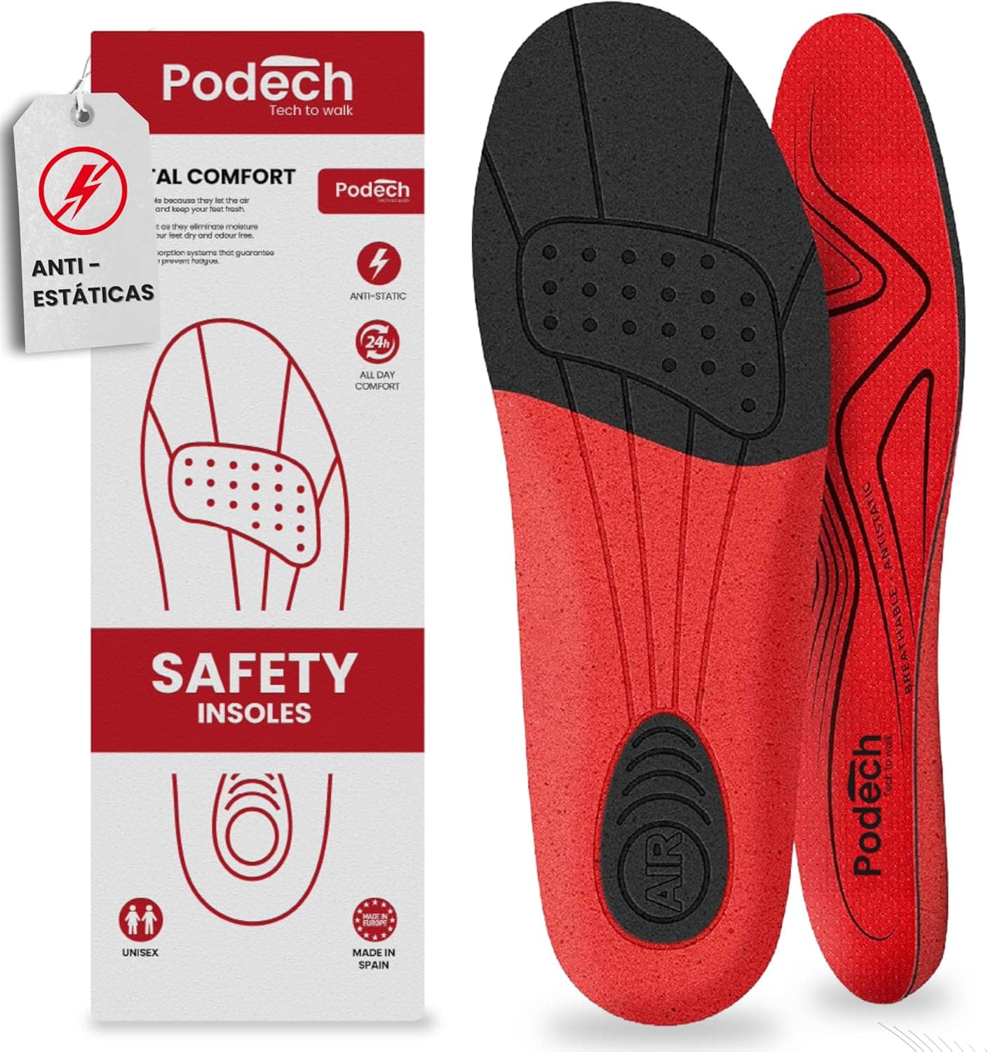 Podech Palmilhas de trabalho antiestáticas Memory Foam, antiodor respiráveis, conforto 24 h, palmilhas para botas de segurança, sapatos e segurança