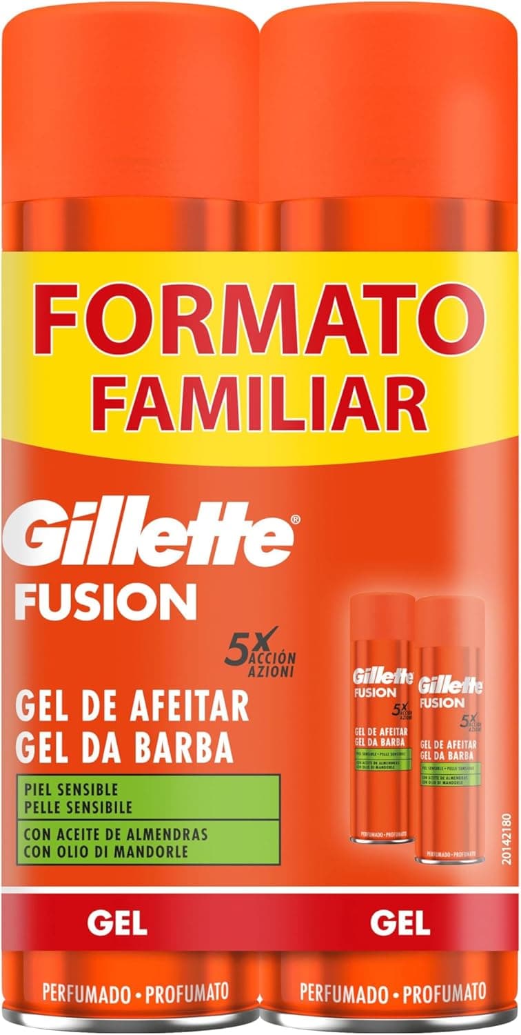 Gillette Fusion Gel de barbear com óleo de amêndoa, para pele sensível para máquina de barbear, 2 x 200 ml