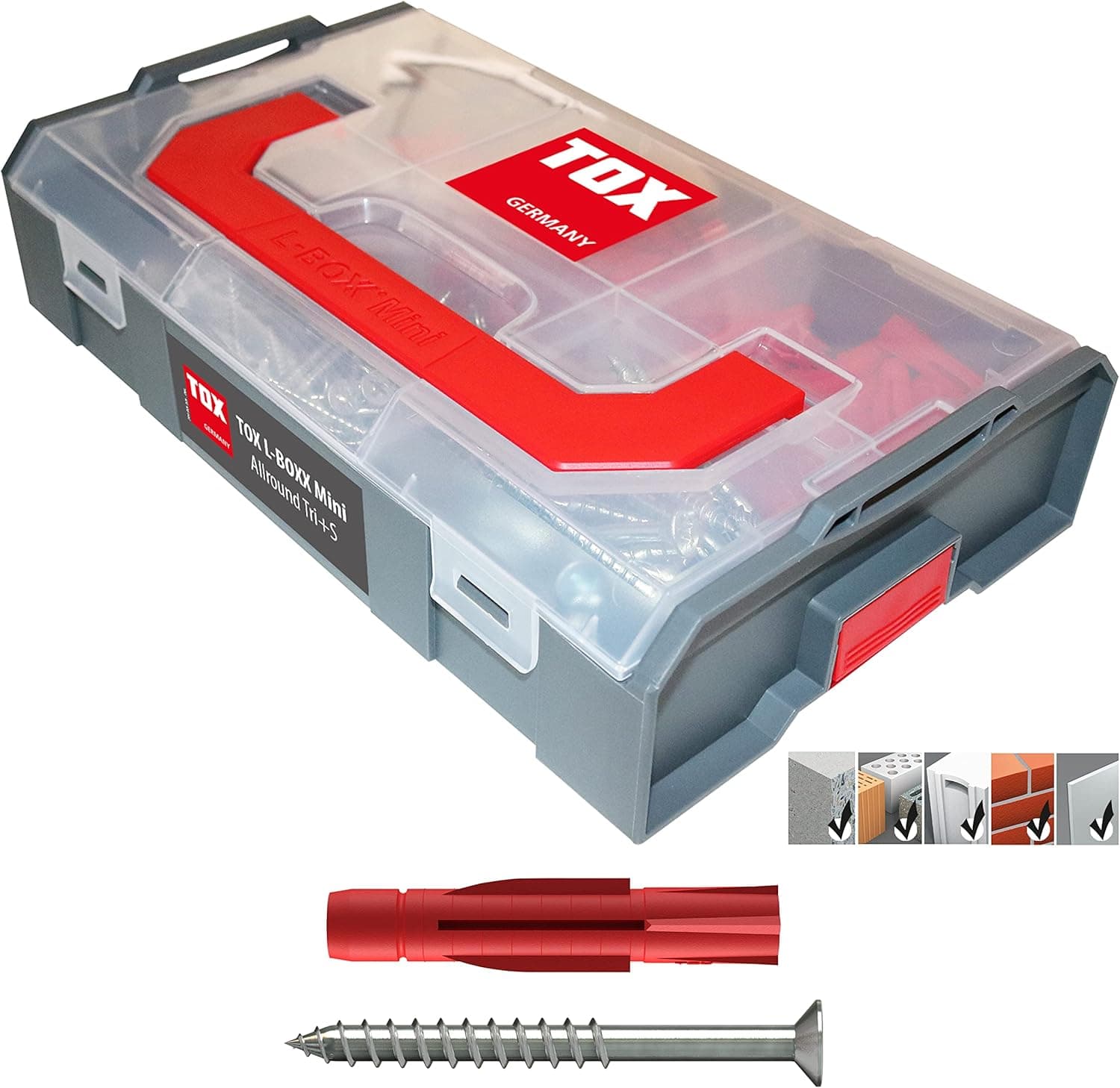 TOX L-BOXX Mini Allround Tri Sortido de buchas, 280 peças com bucha multiusos Tri parafusos correspondentes com acionamento TX, para fixações em quase todos os materiais de construção, 094901201