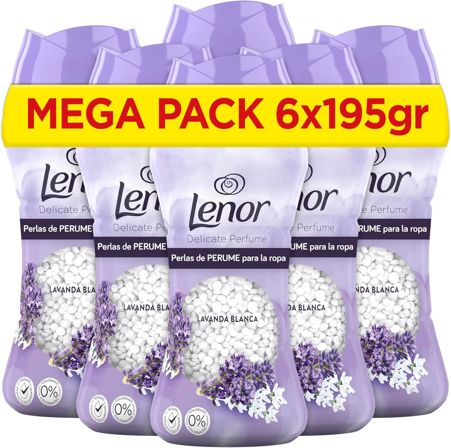 LENOR UNstoppables Pérolas de perfume para roupas, 96 lavagens (6 x 195 g), suave com fragrância lavanda branca, potenciador de Frescor