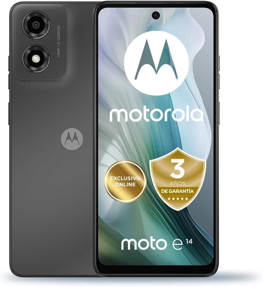Motorola Moto E14, 2/64 GB, ecrã HD 6,56" e 90 Hz, som Dolby Atmos, câmara com IA, Android 14, bateria de 5000 mAh com TurboPower 15, processador Octa-Core, Dual SIM, cinzento
