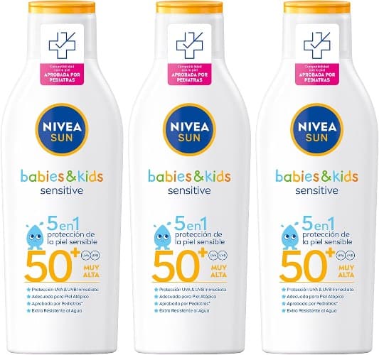 NIVEA SUN Babies & Kids Sensitive Leite solar para crianças FP50 (1 x 200 ml), protetor solar infantil para pele sensível, protetor solar para bebés resistente à água x3