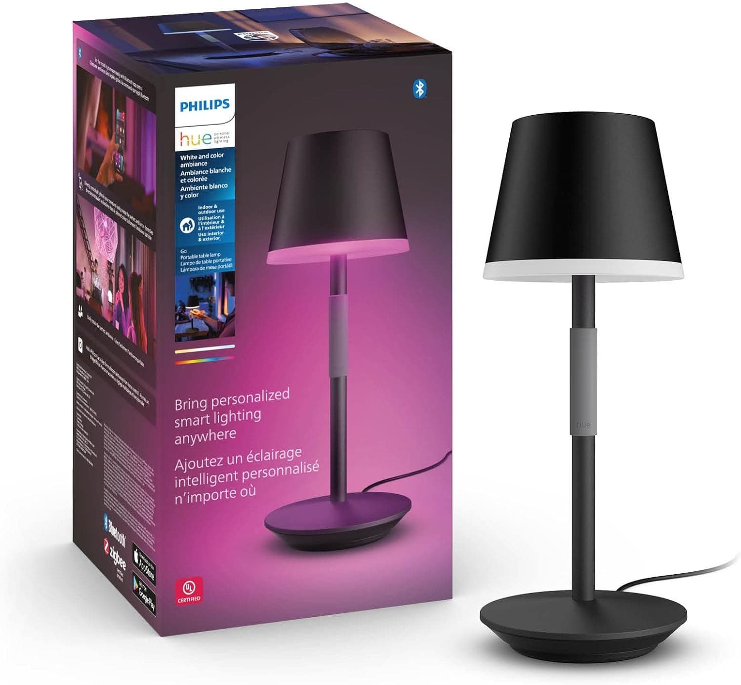 Philips Hue - Candeeiro de mesa inteligente Hue Go portátil, luz branca e colorida, portátil, recarregável, adequado para interior e exterior (IP20/54), compatível com Alexa e Google Home, preto