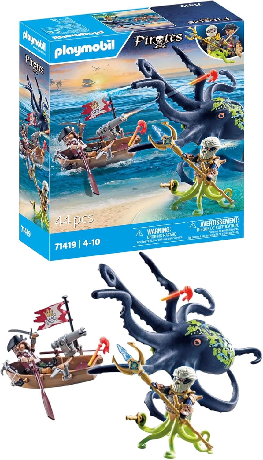 PLAYMOBIL Pirates 71419 Batalha com polvo gigante, piratas contra Deepers, uma lula grande com função de pulverização de água real e acessórios completos, brinquedos para crianças a partir de 4 anos