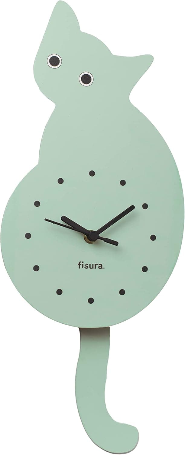 Fisura Cat Clock | Relógio de parede original com design de gato e cauda móvel, silencioso em madeira e ABS, 46 x 8 cm