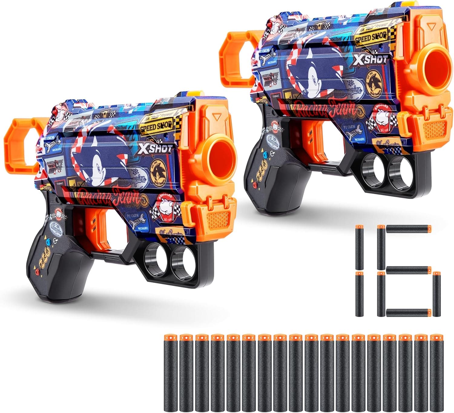 XShot Skins Menace Blaster Sonic Race Team, Sonic The Hedgehog Design com 16 quartos, Easy Reload, Air Pocket Dart Technology, Toy Foam Blaster for Kids, adolescentes e adultos (2 Blasters, 16 dardos)